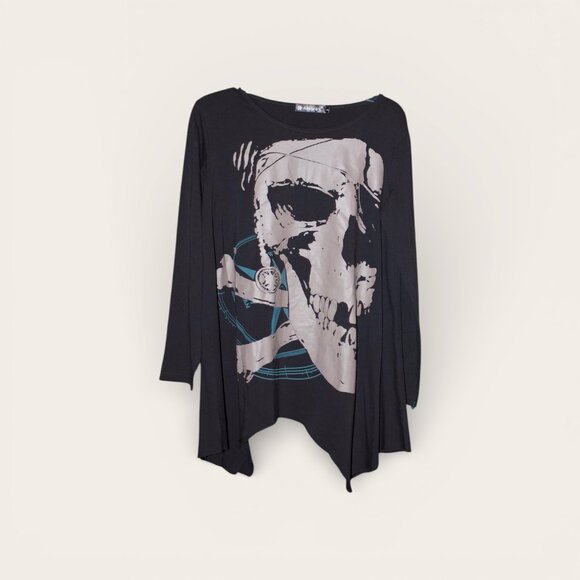 Allegra K Black Tunic Top Skull Design Asymmetric Hem S - Picture 3 of 3